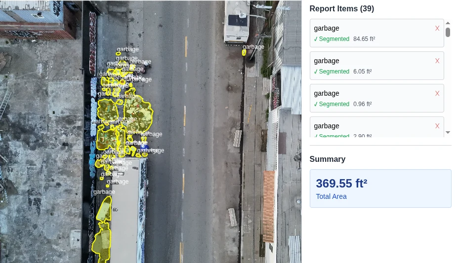Aerial drone view with yellow segmentation polygons outlining multiple garbage piles, each labeled garbage, with a measurement summary