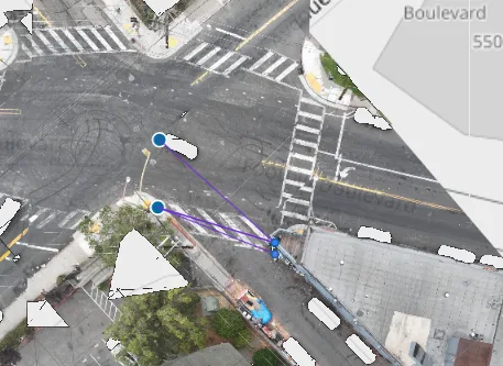 Aerial view of a street corner with three blue pins for geocoded reports joined by purple lines to the actual pile of dumping