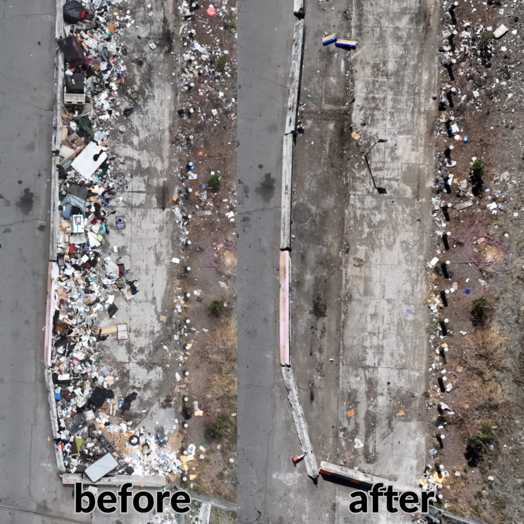Before (left) and after (right) aerial comparison of illegal dump site cleanup verified by Aerbits